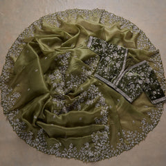 Beautiful Look Green Colored Heavy Blouse Embroidery Saree With Designer Fancy Readymade Blouse.